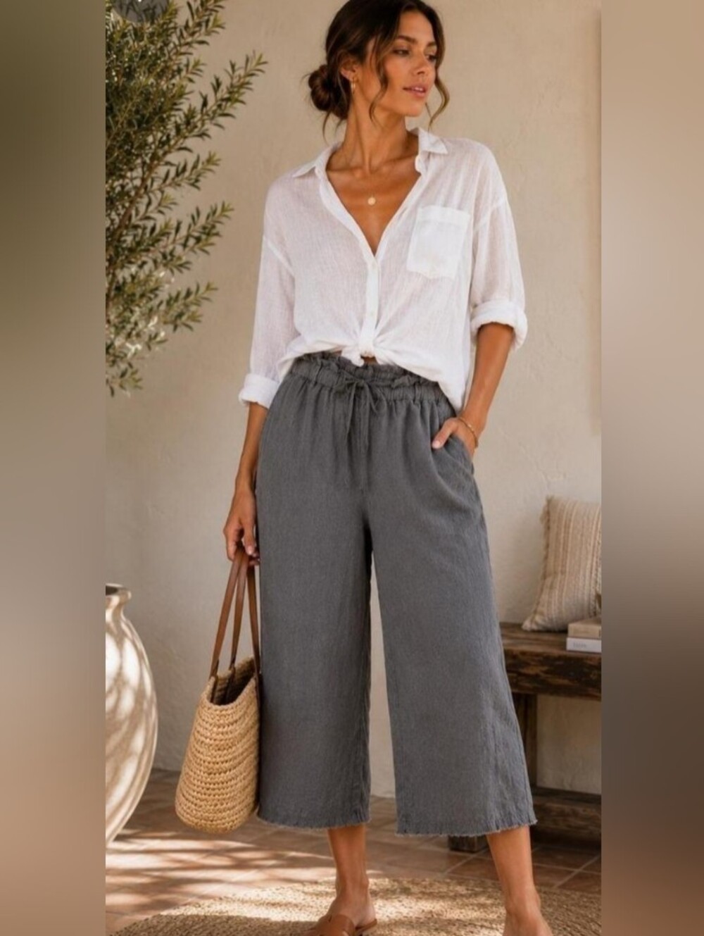 Cloth And Stone 100% Linen Gray Elastic Waist Bohemian Raw Edge Pants Size Small